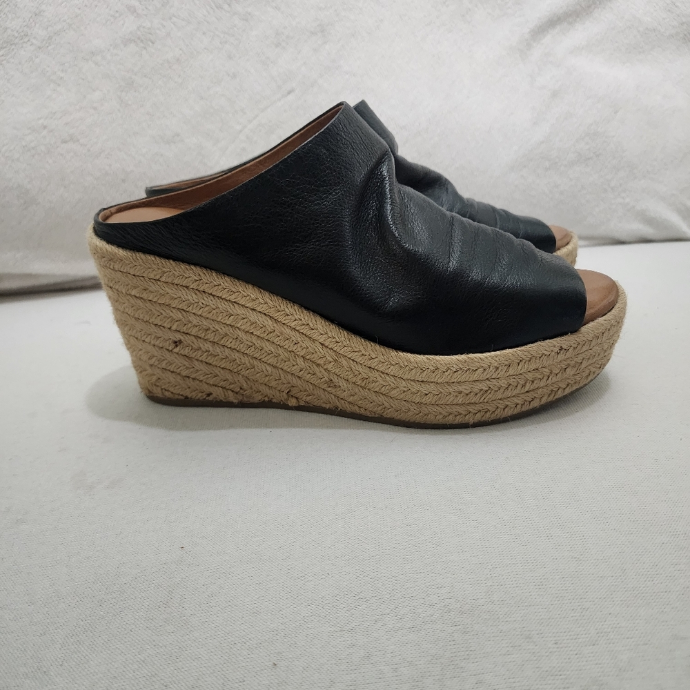 Black Leather Espadrille Wedge Slide Size 38